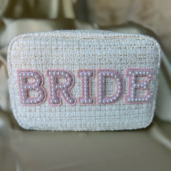 Large Tweed Bride Cosmetic Bag w/ Pearl & Rhinestone Personalized Letter Patches - Picture 10 of 10